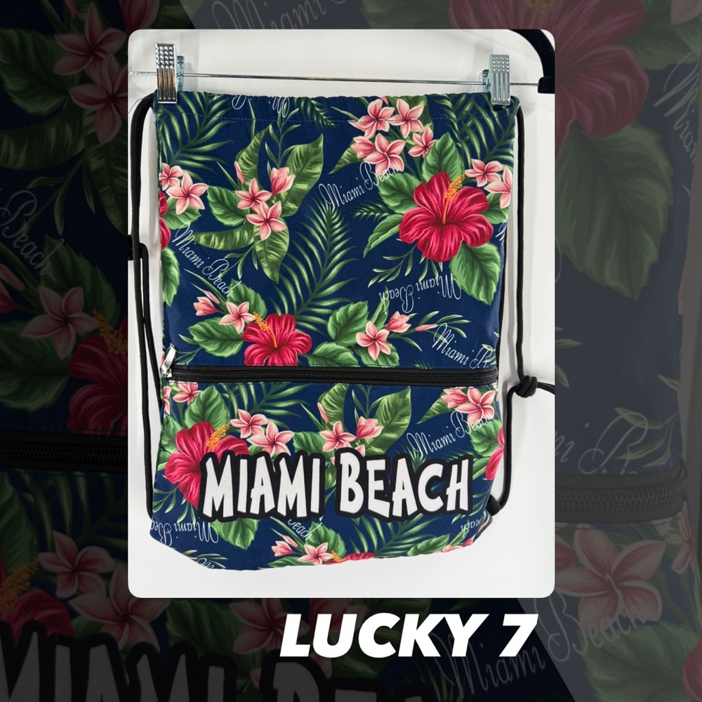 EUC Lucky 7 Tropical Print Miami Beach Drawstring Backpack